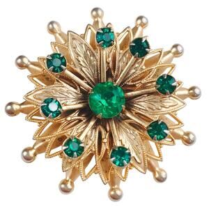 VTG Mid Century Brooch Starburst Atomic Green Rhinestone Gold Tone Pin